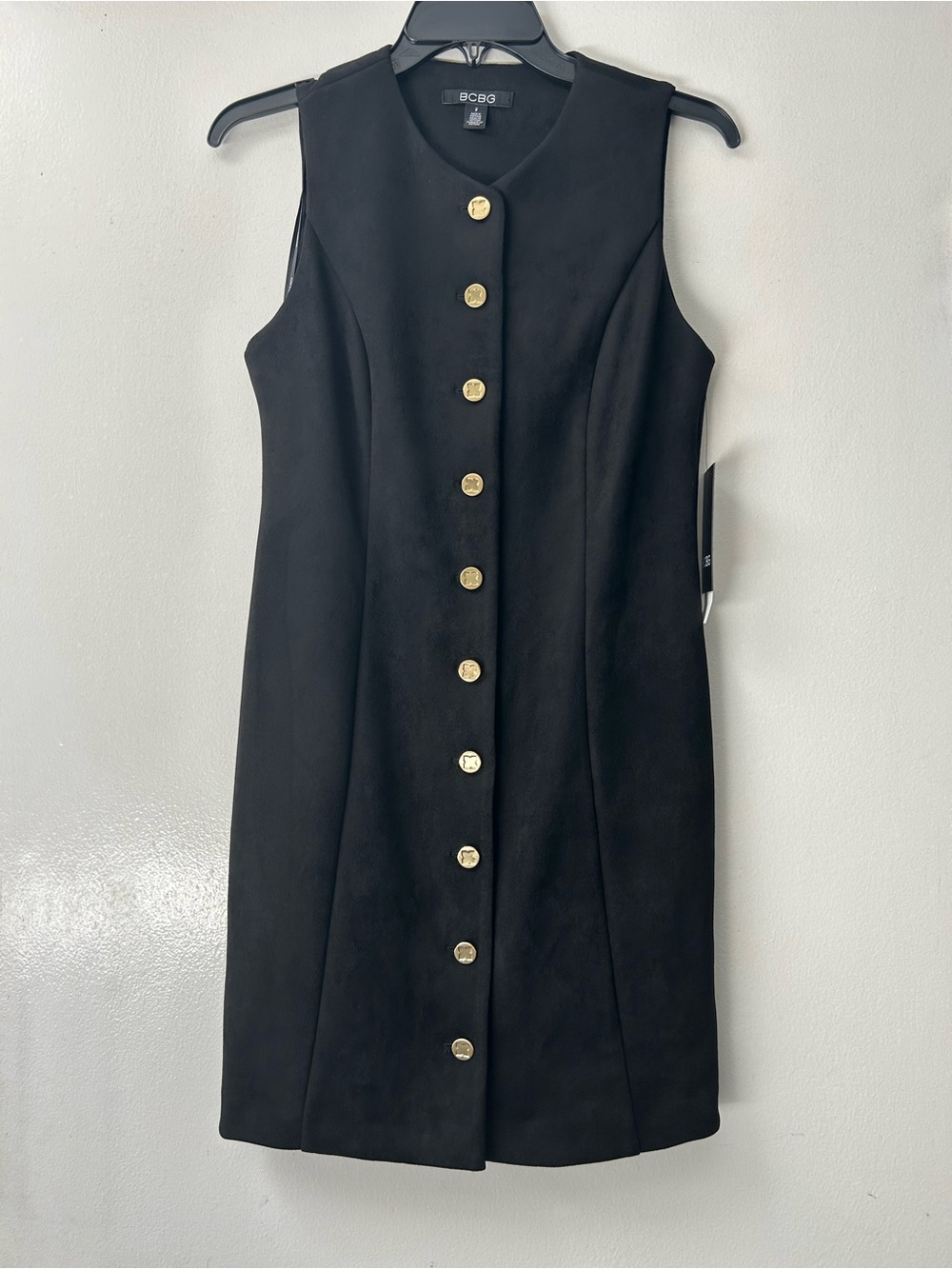 BCBG Black Sleeveless Shift Dress with Gold Buttons